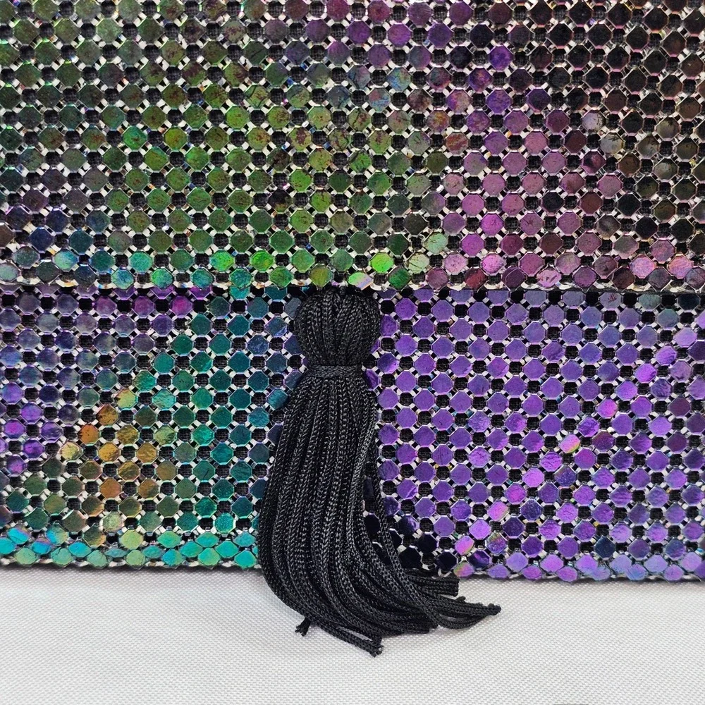 Apri Nights Iridescent Metal Mesh Crossbody Bag‎ Oil Slick Tassel Evening Clutch